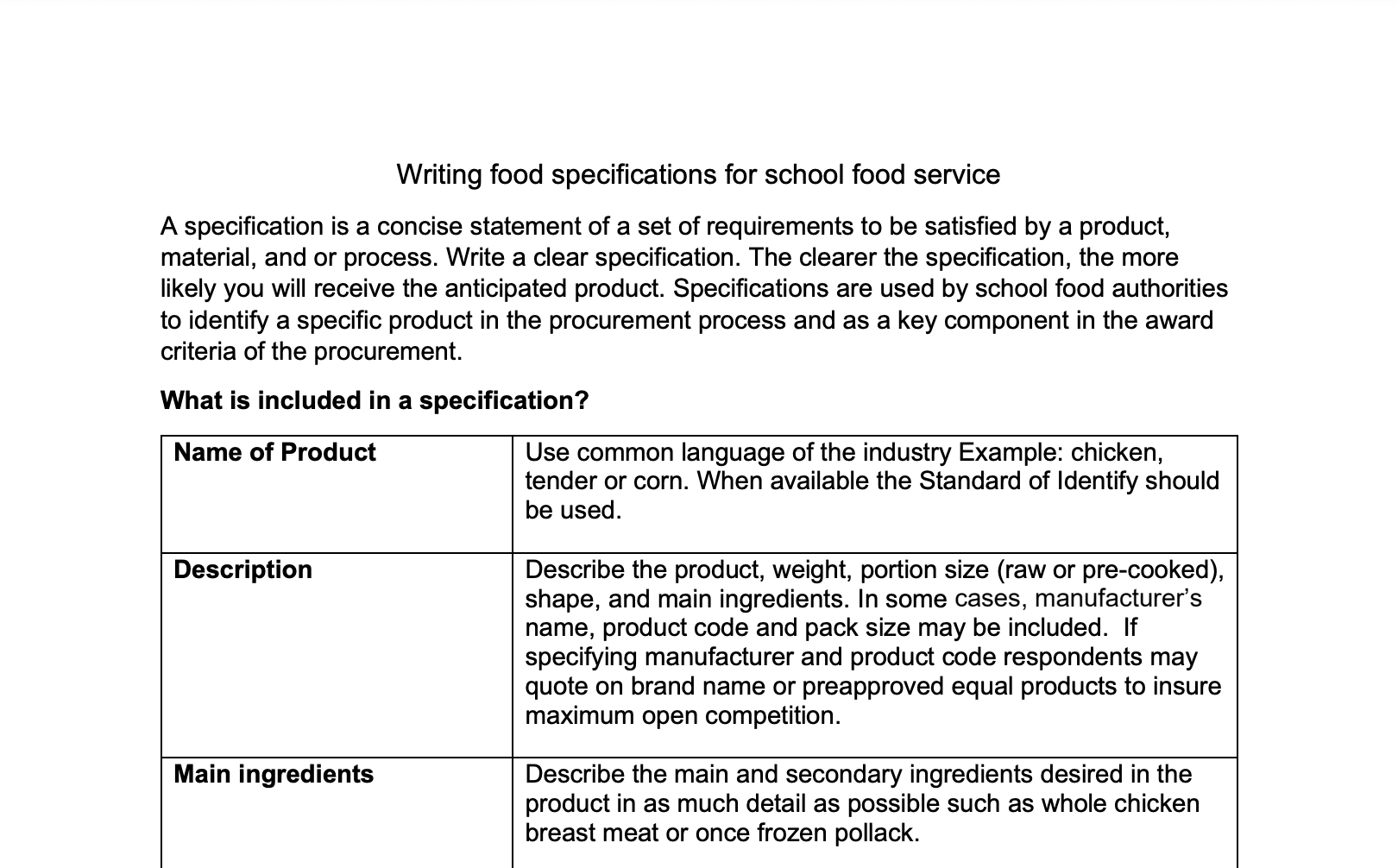 Writing food specifications for school food service Urban School Food Alliance