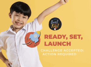 Excited boy with article title Ready, Set, Launch