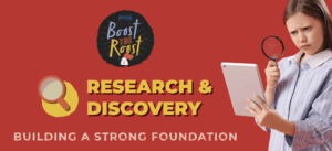 Girl holding magnifying glass with article title Research and Discovery