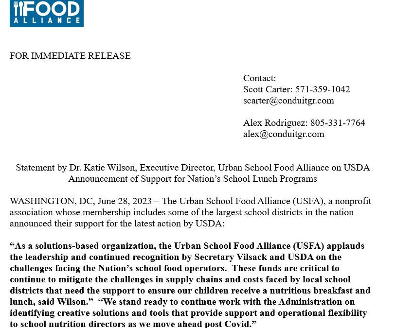 Statement by Dr. Katie Wilson, Executive Director, Urban School Food Alliance on USDA Announcement of Support for Nation’s School Lunch Programs